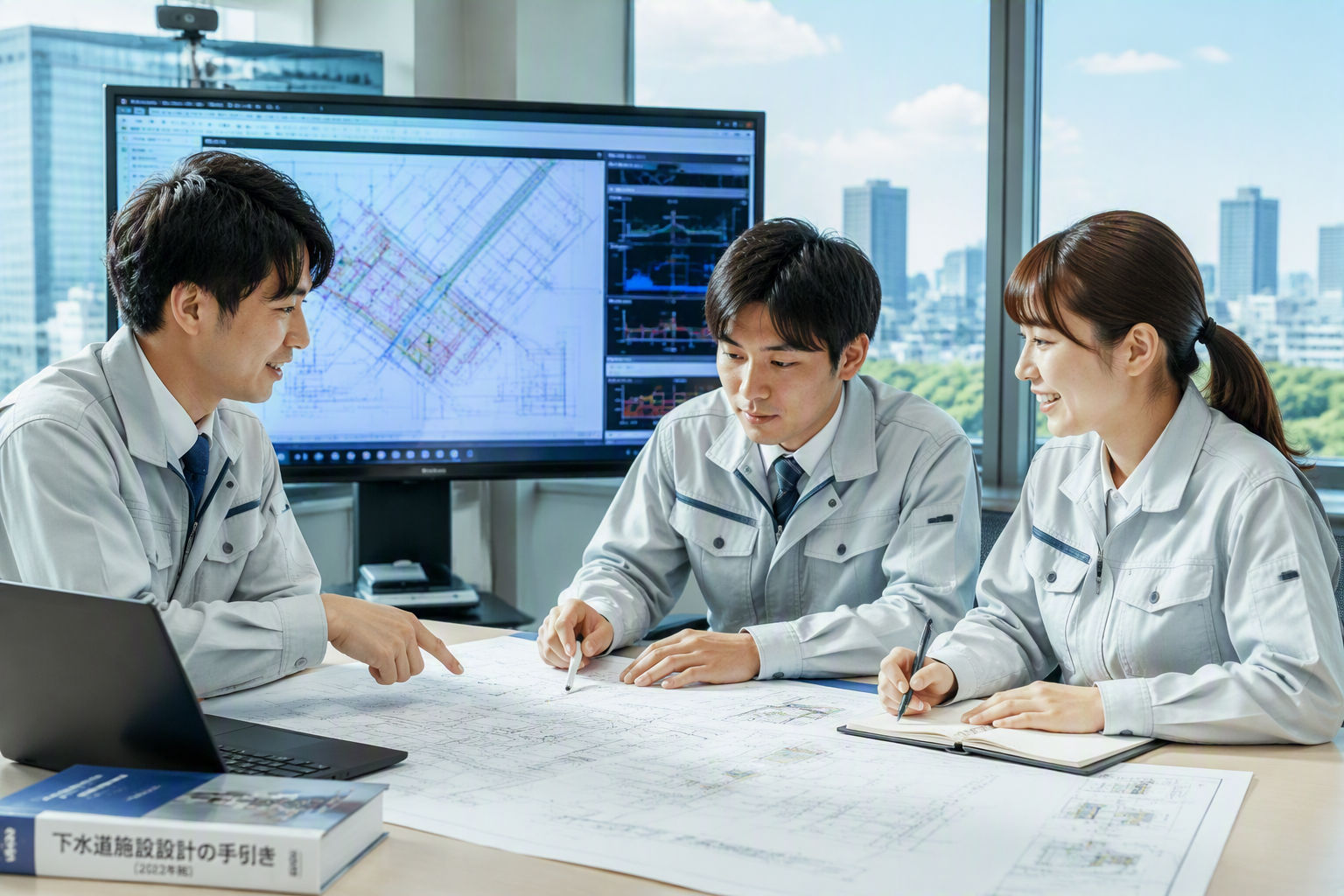 設計図を囲んで打ち合わせをする技術スタッフ